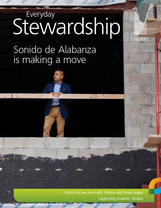 Sonido de Alabanza pastor Sergio Nava poses inside church construction for the cover of Everyday Stewardship Fall 2018